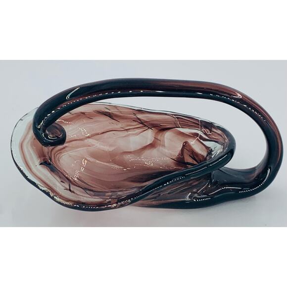 Murano Style Art Glass Candy Basket Dish Brown Clear Handle Hand Blown Collect - Picture 8 of 8